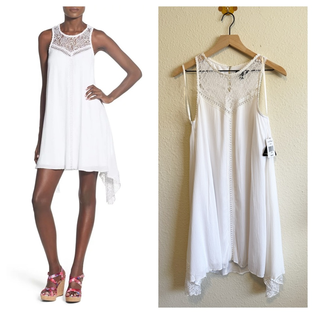 city trangles -Elegant White Lace Trim Dress-Size L